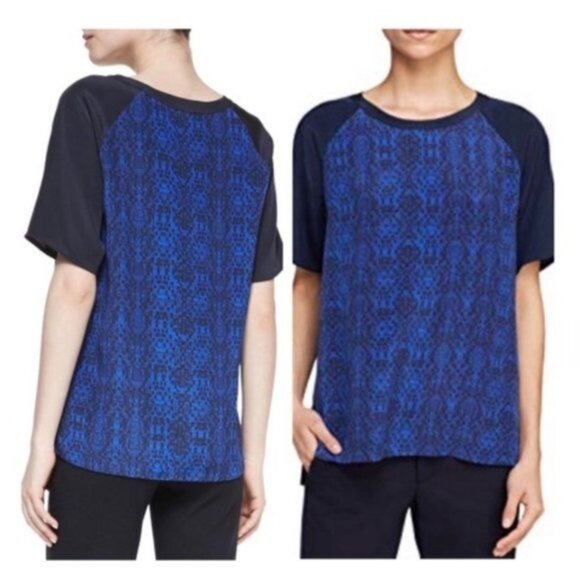 Vince 100% Silk Printed Contrast Sleeve Tee - XS - Picture 1 of 8